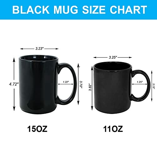 Comparison of 15oz and 11oz black mugs with dimensions.