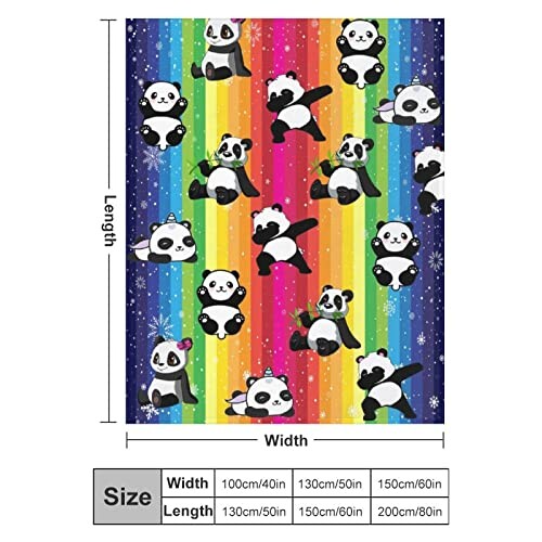 Colorful blanket with panda illustrations on a rainbow background, showing size dimensions.