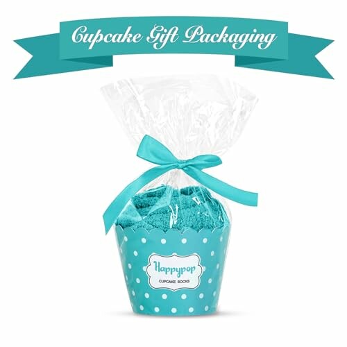 Cupcake gift packaging with teal ribbon and polka dot design