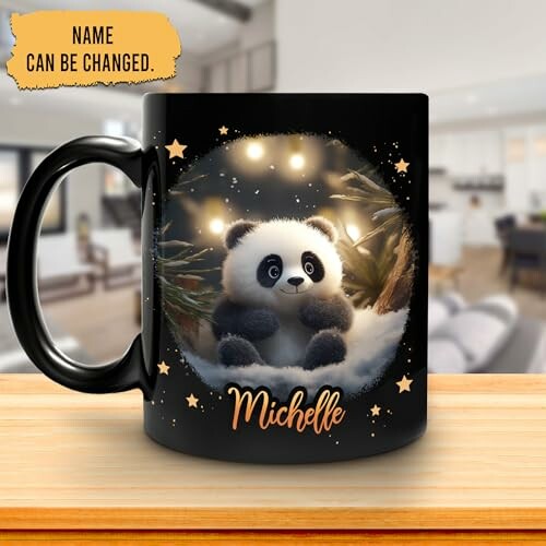 Customizable mug with a cute panda design and name placeholder.