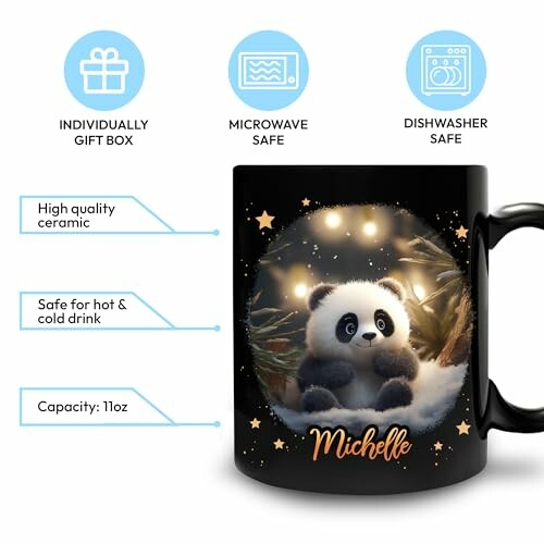 Black ceramic mug with a cute panda design, lights, and stars.