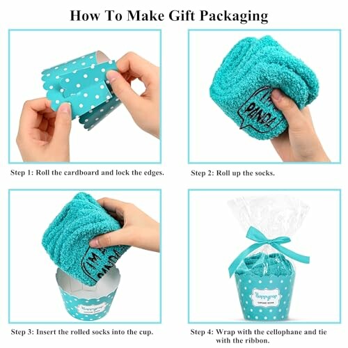 Step-by-step guide on making gift packaging with socks and cup.