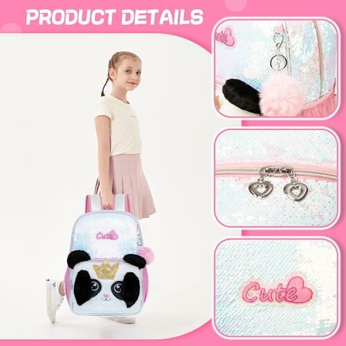 Girl with panda backpack and close-up product details.