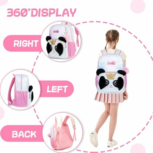 360 display of a children's panda-themed backpack with front, side, and back views.