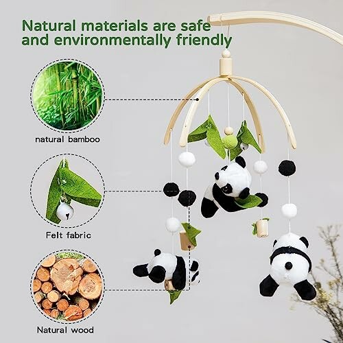 Panda-themed baby mobile made of bamboo, felt, and wood.