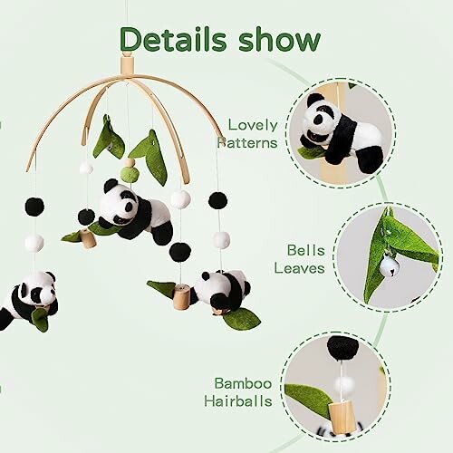 Baby mobile with plush pandas, leaves, and bells.