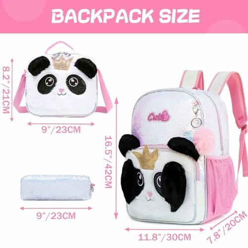 Panda-themed backpack set with measurements.