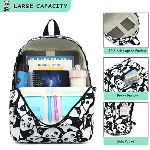 Panda-themed backpack with multiple compartments and items inside.