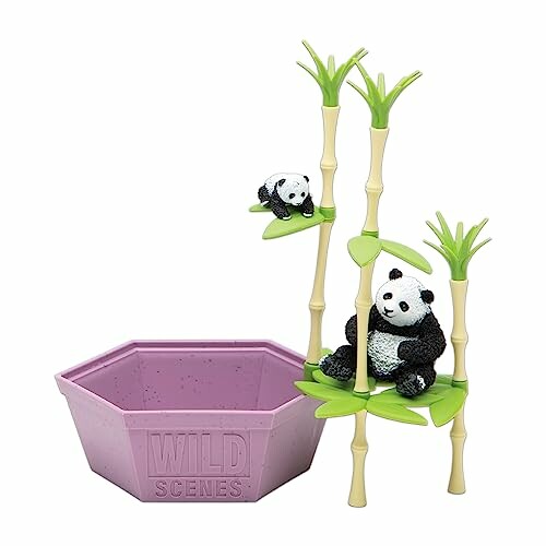 Panda figurines climbing bamboo with purple pot