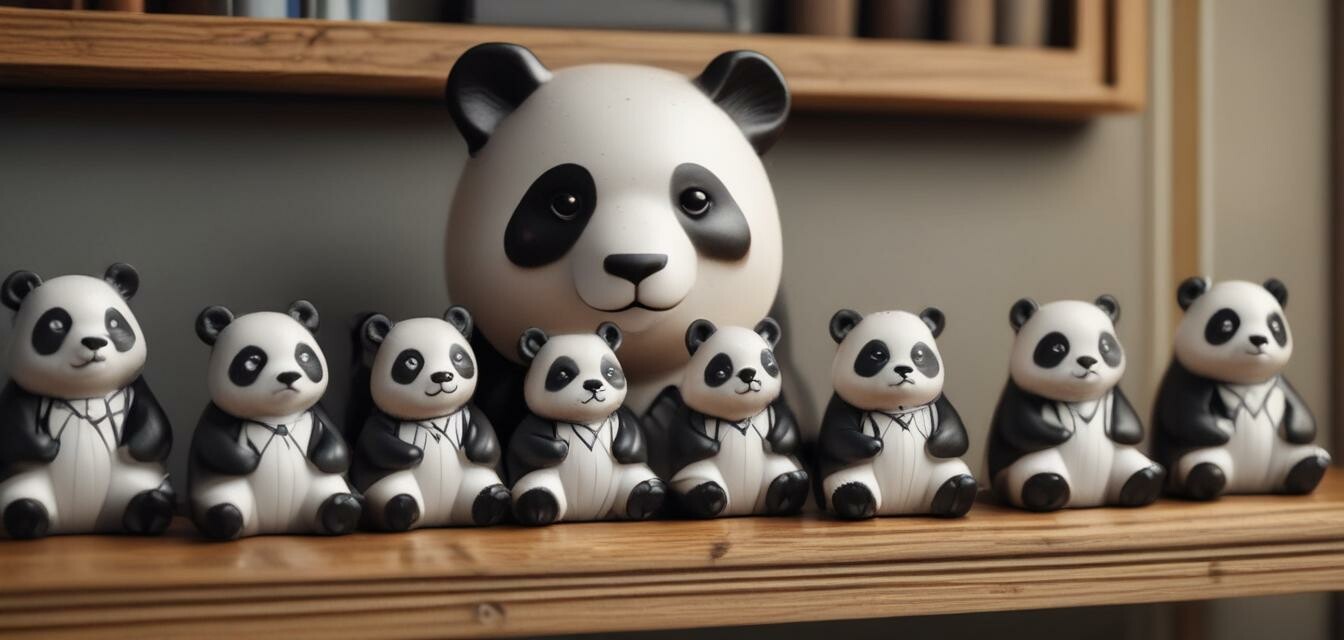 Panda figurines on a shelf