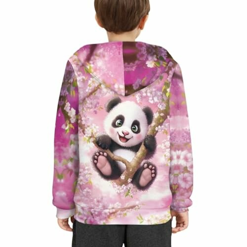 Child wearing a pink hoodie with a cartoon panda design