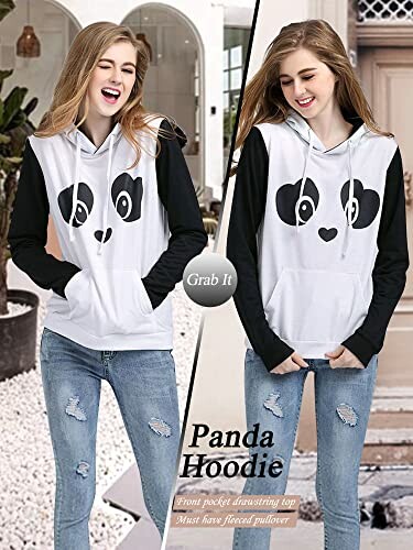 Two women wearing white panda hoodies with black sleeves and ripped jeans.