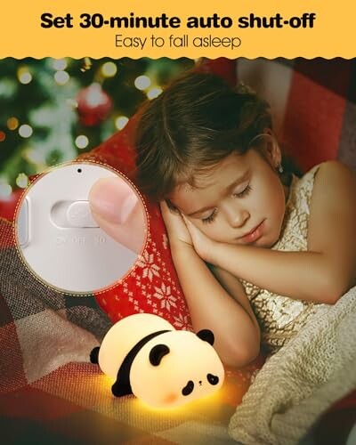 Child sleeping with a panda night light and auto shut-off feature.