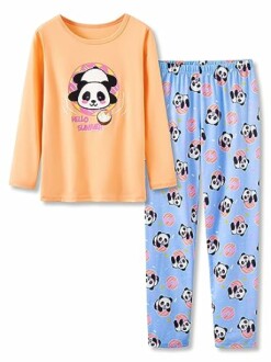 Beezizac Pajamas for Girls 2-Piece Marble/Checker/Cat/Panda Print Long Sleeves Shirt & Pants PJ Set