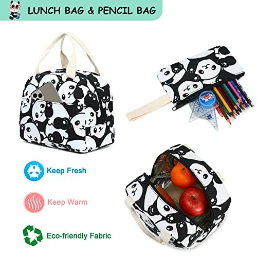 Panda pattern lunch and pencil bag with fruits and stationery.