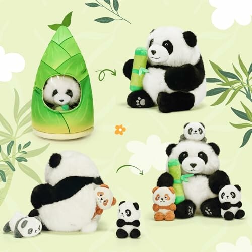 Assorted panda plush toys with bamboo and leaf designs.