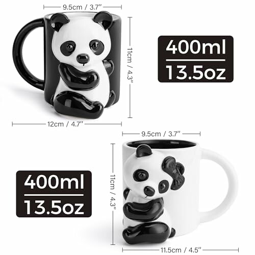 Two panda-shaped mugs with dimensions and capacity