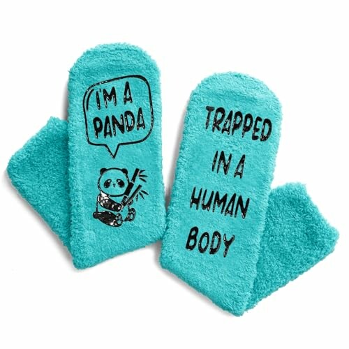 Blue fuzzy slippers with humorous panda design and text.