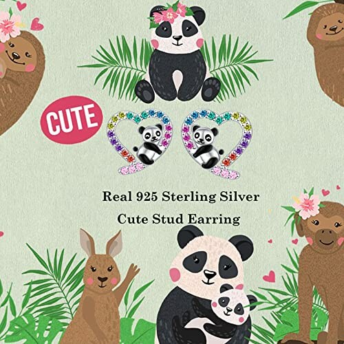 Panda and sloth themed design with sterling silver cute stud earrings.