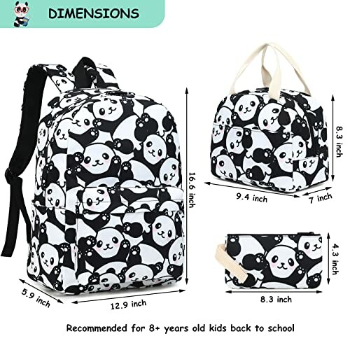 Panda-themed backpack, lunch bag, and pencil case for kids.