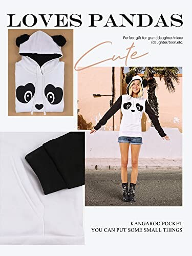 Panda-themed hoodie with ears and face design, featuring kangaroo pocket.