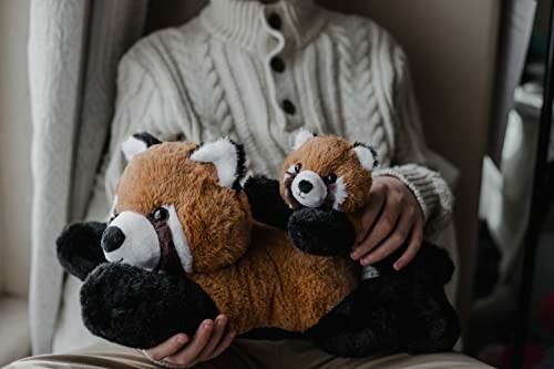 Person in sweater holding two red panda plush toys.