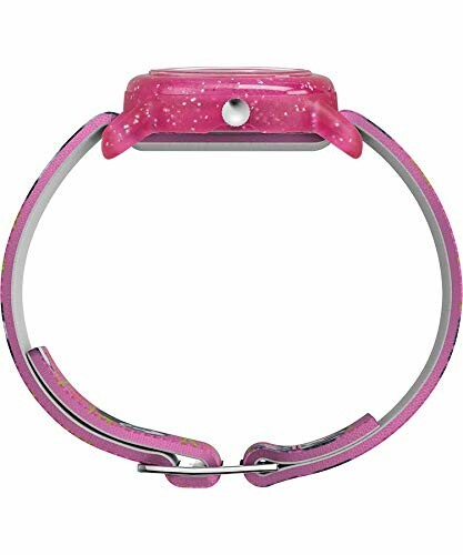 Side view of a pink children's smartwatch with a colorful strap.