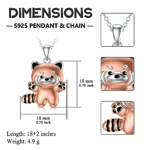 Red panda pendant necklace with dimensions and chain details.