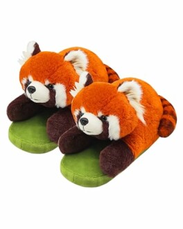 Plush red panda slippers with green soles