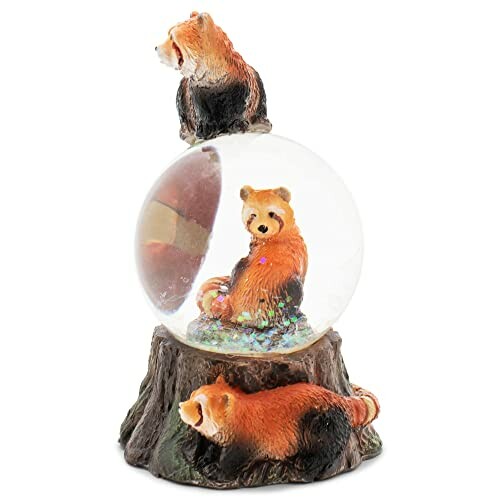 Red panda themed snow globe with figures outside and inside.