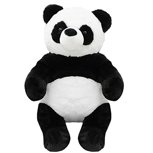 A stuffed panda bear toy sitting upright, showcasing its soft and cuddly texture.